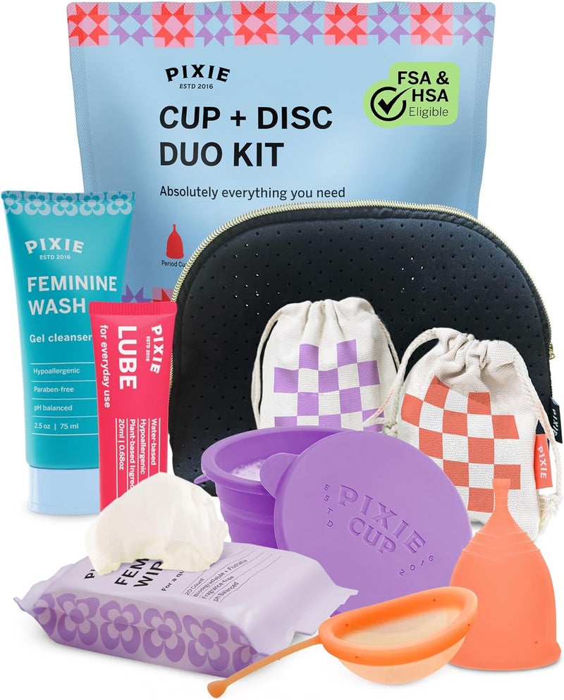 Pixie Cup Pixie Menstrual Cup & Disc Duo Kit for Feminine Care - Most Comfortable Reusable Period Cup & Disc - Buy One We Give One - with Guide, Flushable Wipes, Lube, Feminine Wash, Carry Cup & Storage Bag - Image 1